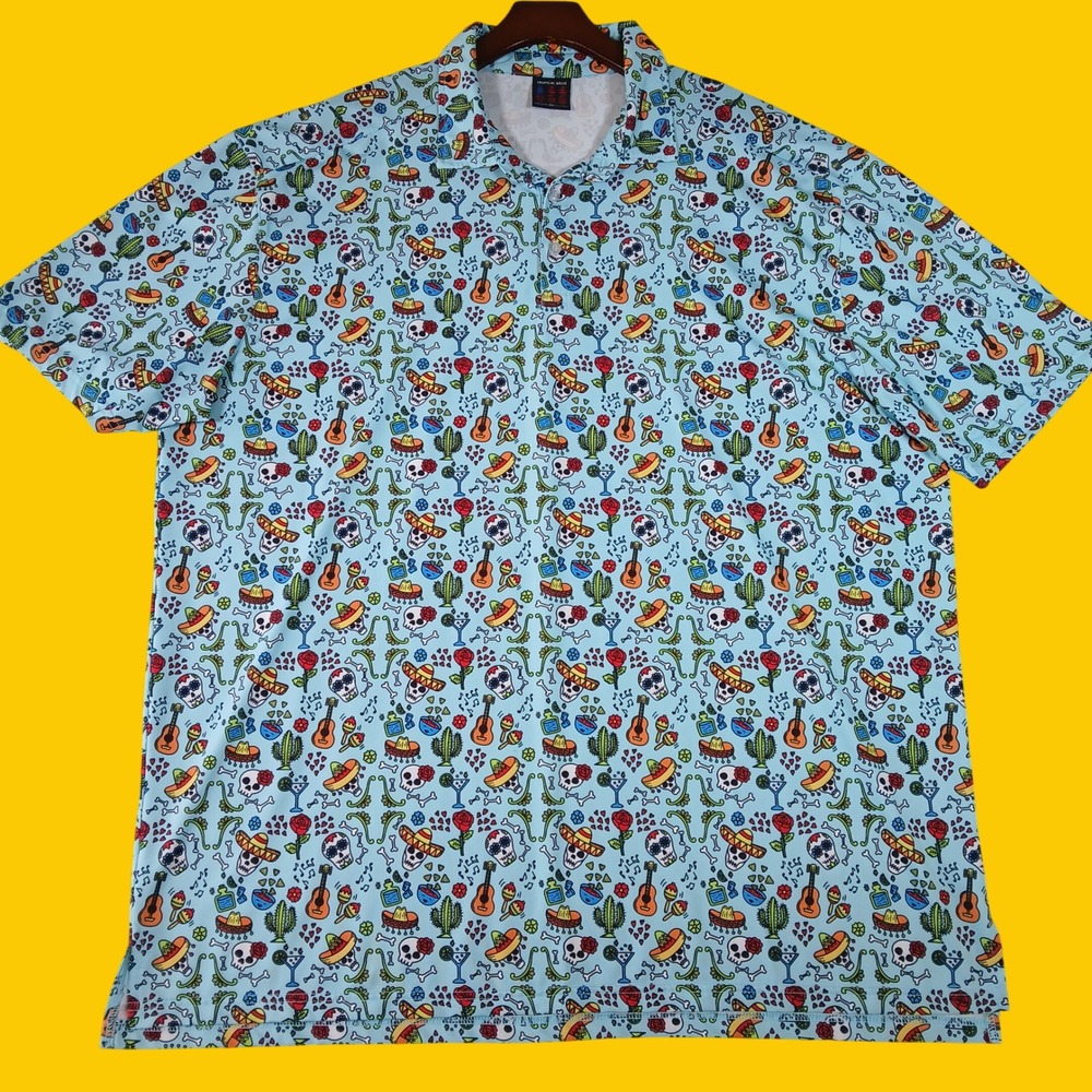 Tropical Bros Polo Shirt Mens 2XL Dia de los Muertos Blue Poly Spandex